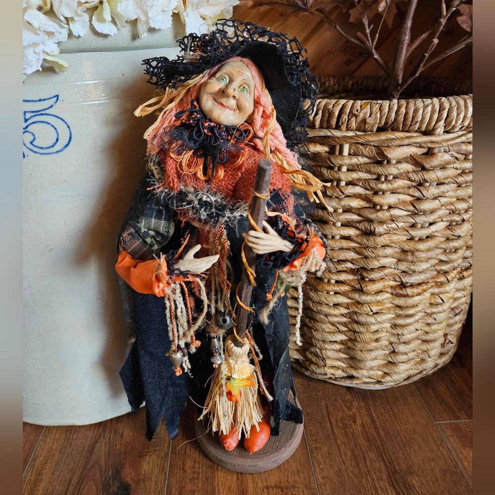 Handcrafted Witch Figurine with Broom For Halloween
